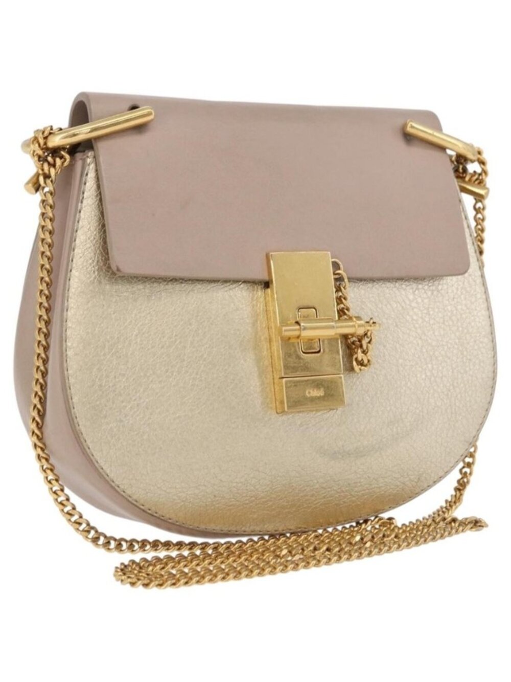 Authentic Chloe Drew Chain Shoulder Bag Leather Beige Gold